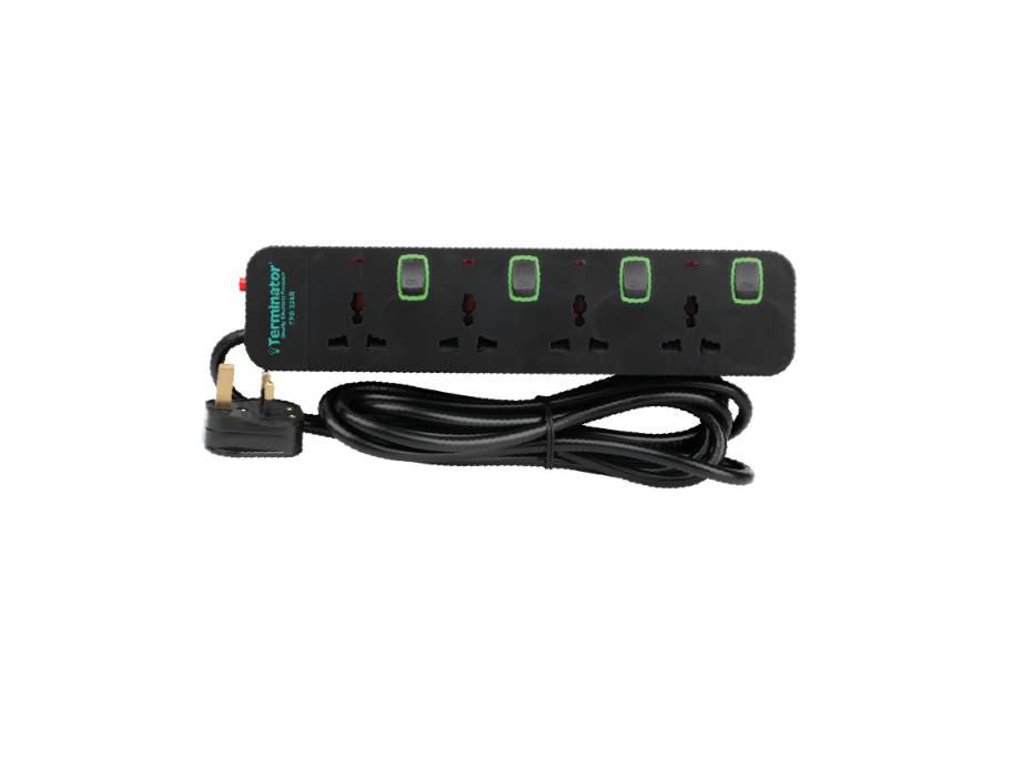 Terminator 4 Way Universal Power Extension Socket With Overload Protection, Green Border Switches, Indicators and 3M Cable - TPB 324B-3M
