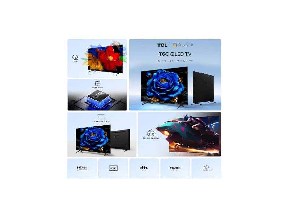 TCL 55T6C 55 Inch Smart TV 4K QLED Colorful Quantum Crystal HDR 10+ Gaming Google TV, Dolby Vision Atmos, DTS Virtual X, Voice Control, Slim Design