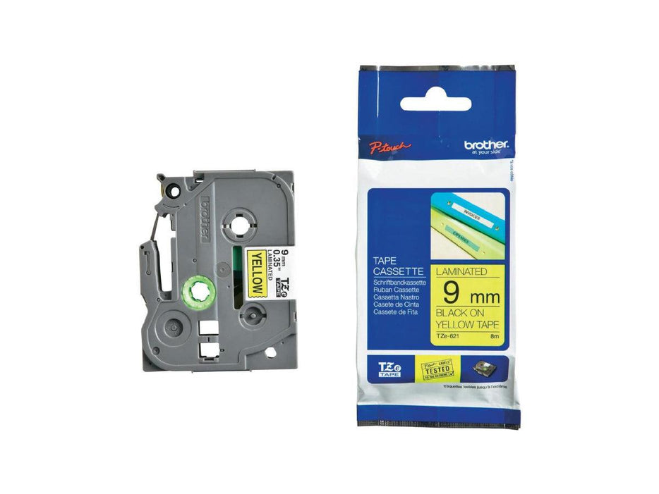 Brother P-touch 9mm TZe-621 Laminated Tape, 8 m, Black on Yellow - Altimus