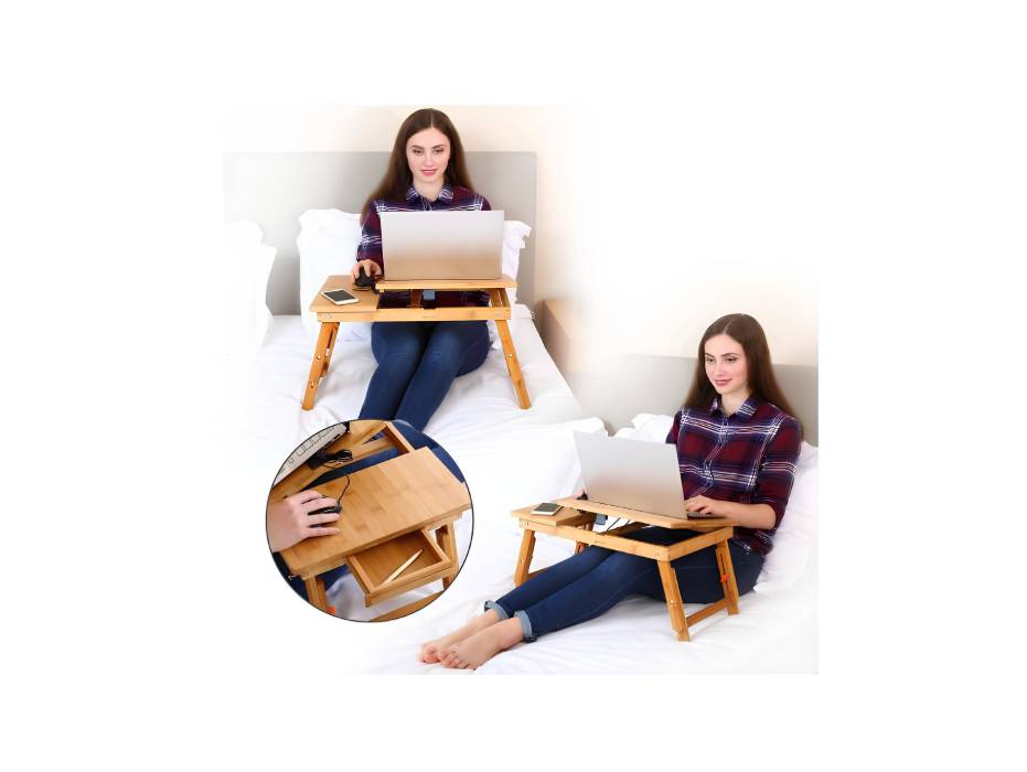 Laptop Desk Table Adjustable Bamboo Foldable with Tilting Top Drawer