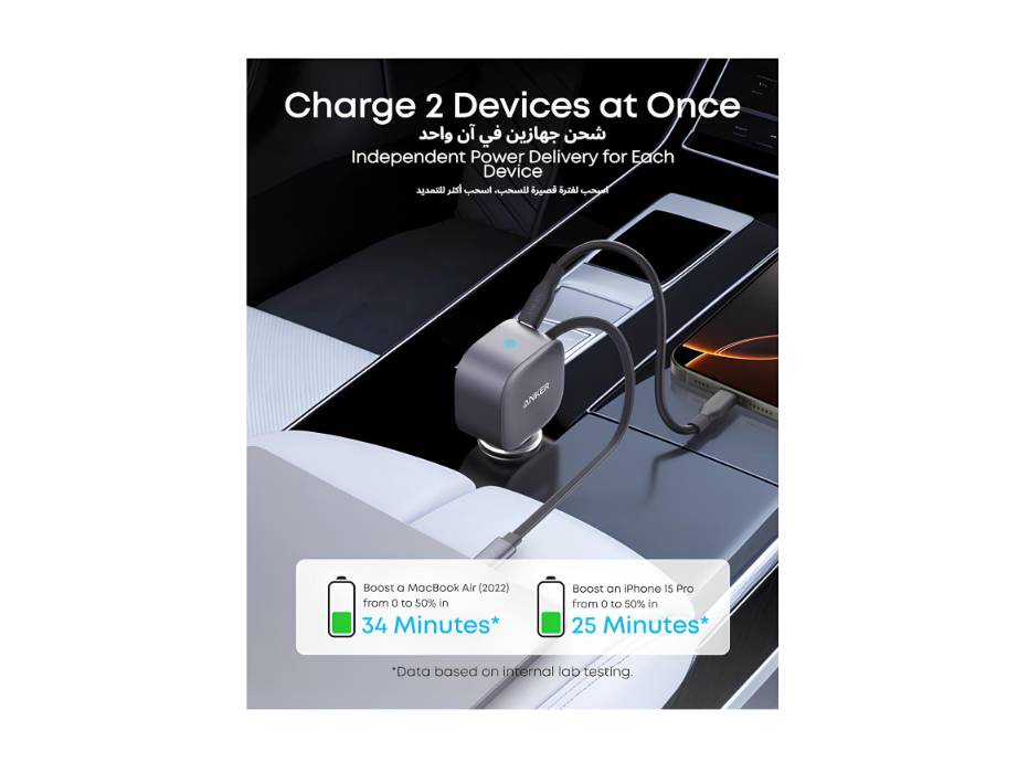 Anker USB-C Car Charger, 75W Max Ultra-Compact Type-C Fast Car Charger with Built-In Retractable Cable Car Adapter