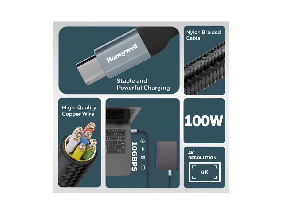 Honeywell Type C to Type C USB 3.1 Cable, 1.2M, Max Output 5A 100W, QC 3.0, Fast Charge, Compatible with Apple Devices, Smartphones, Laptops, Power Banks, Tablets, Headphones, Speakers, Black