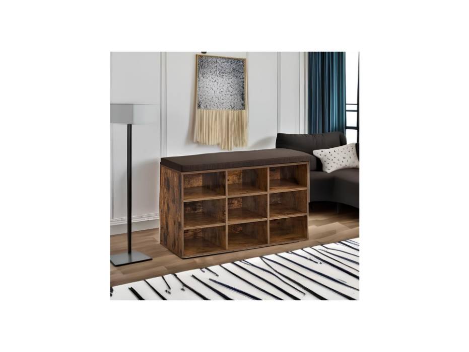 VASAGLE Shoe Bench with Cushion, Storage Bench with Padded Seat, Entryway Bench with 9 Compartments, for Bedroom, 11.9 x 30.9 x 18.9 Inches, Rustic Brown and Chestnut Brown