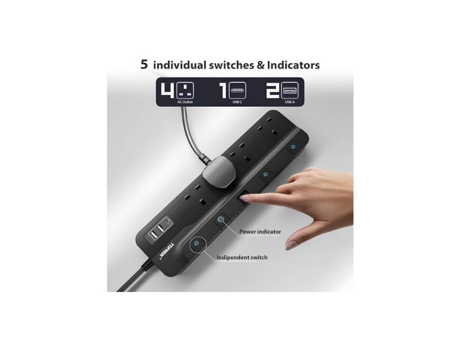 TOPREK 4 Plug Extension Lead with Ultra Wide Pitch Socket, Individual Switches Lights with 2 USB-A, 1 USB-C, 13A/3250W Overload Protection Extension Cable with USB Ports, 2M Extension Cord