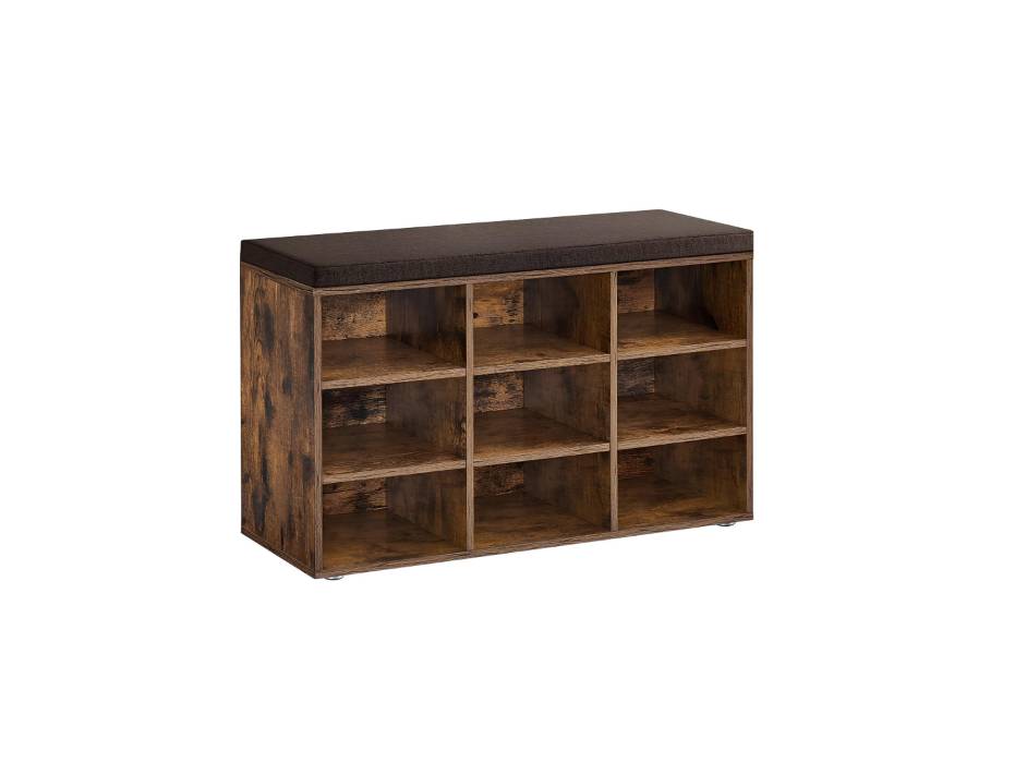VASAGLE Shoe Bench with Cushion, Storage Bench with Padded Seat, Entryway Bench with 9 Compartments, for Bedroom, 11.9 x 30.9 x 18.9 Inches, Rustic Brown and Chestnut Brown