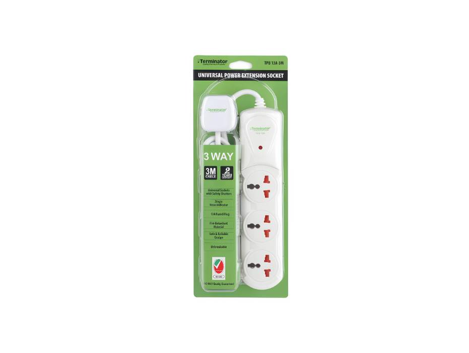 Terminator 3 Way Universal Power Extension Socket With Single Indicator 1.00mm2 Cable 3M 13A Fused Plug - TPB 13A-3M