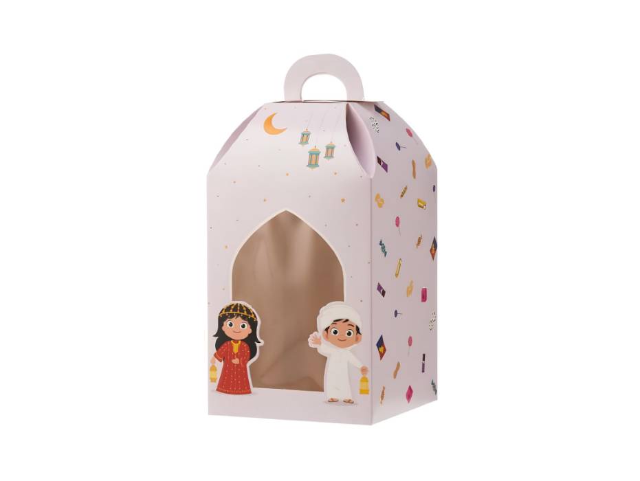 Haq Al Laila Theme Printed Kids Lantern Gift Box With Window, 12 x 12 x 21cm, pack of 10