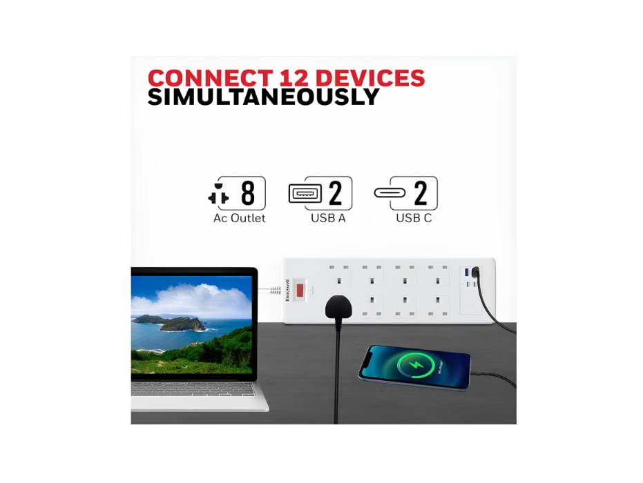 Honeywell 8 Out Surge Protector with Master Switch, Spike Guard/Extension board, 8 Outlet, 2xPD 20W & 2xUSB, 1050 Joules, 1.8 Meter Cord