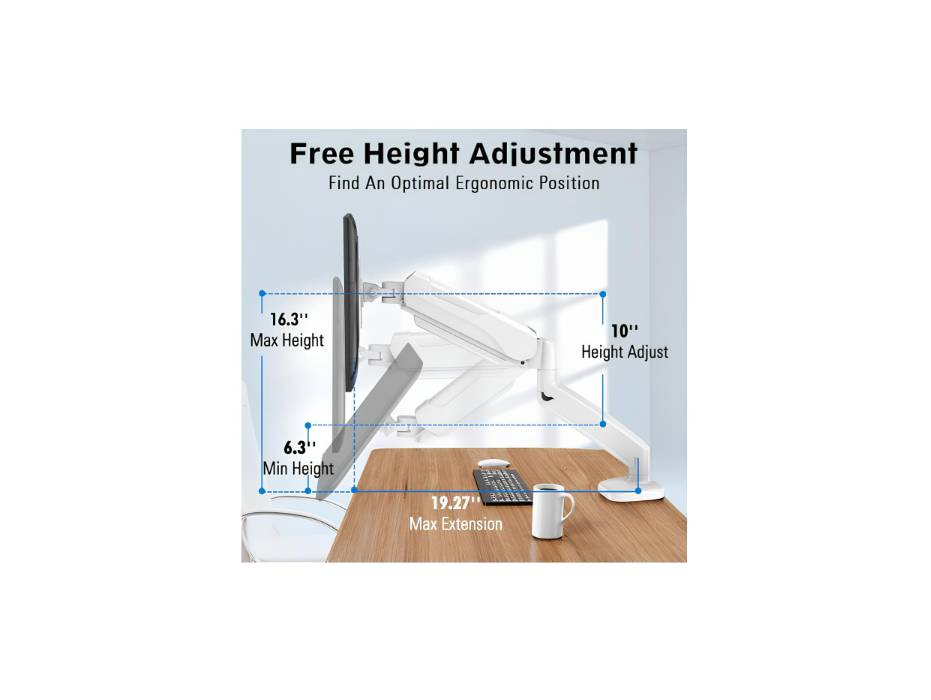 MOUNTUP Single Monitor Desk Mount, Adjustable Gas Spring Monitor Arm, Support Max 32 Inch, 4.4-17.6lbs Screen, Computer Monitors Stand Holder, White