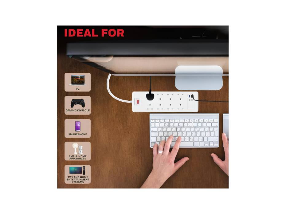 Honeywell 8 Out Surge Protector with Master Switch, Spike Guard/Extension board, 8 Outlet, 2xPD 20W & 2xUSB, 1050 Joules, 1.8 Meter Cord