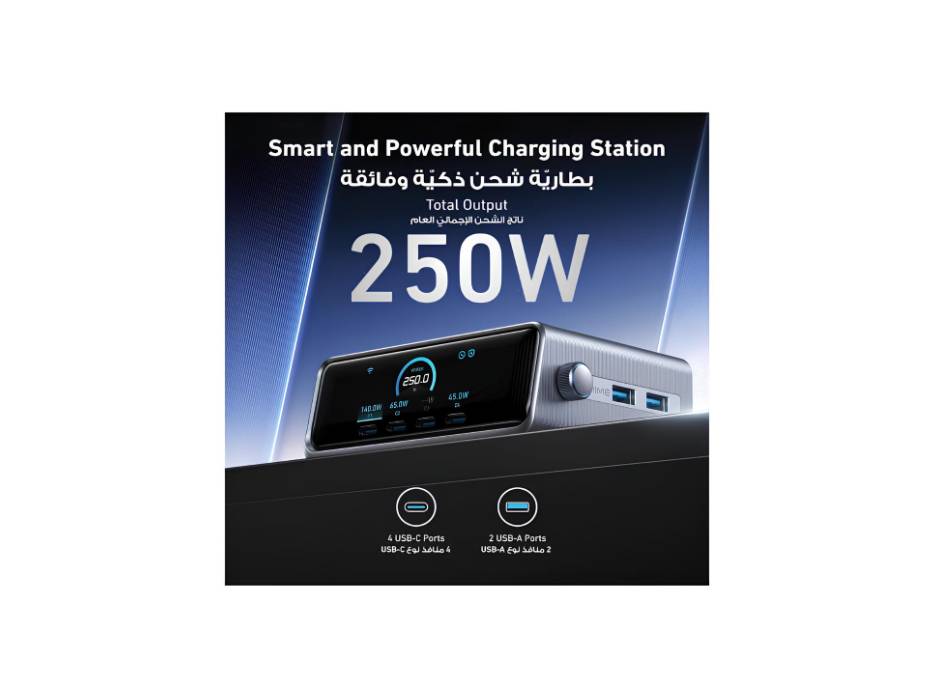 Anker Prime 250W USB C Charger, Ultra-Fast 6-Port GaN Charging Station, 2.26" LCD Display and Smart Control Dial