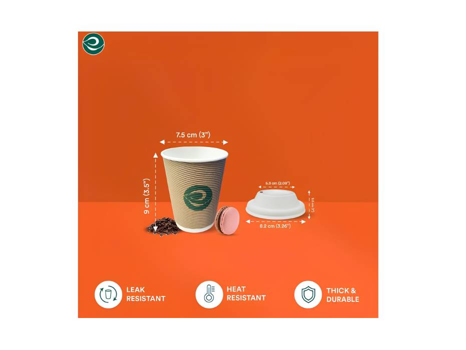 ECO SOUL 250 ml, 100 Count, Disposable Ripple Paper Cups with Lid, Eco-Friendly & Biodegradable Hot Cups