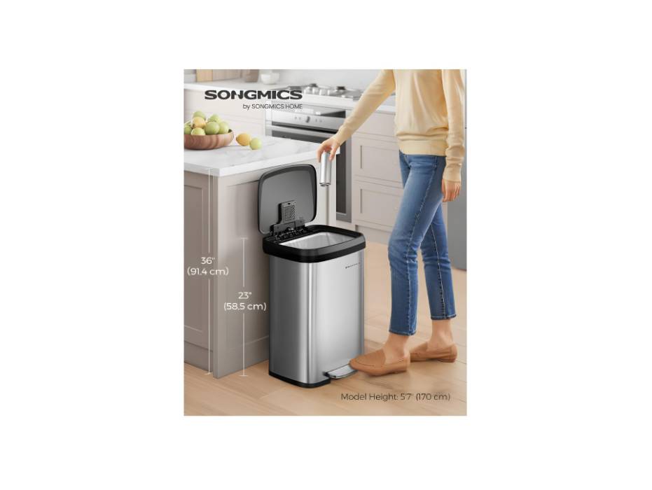SONGMICS 50 Litre Waste Metal Pedal Bin with Lid Tall Narrow Spacious Silver Black LTB530E50