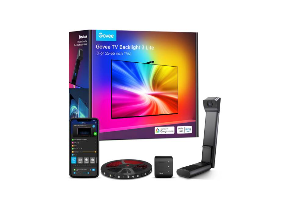 Govee TV Backlight 3 Lite with Fish-eye Correction Function Sync to 55-65 Inch TVs, 3.6m RGBICW Wi-Fi TV LED Backlight with Camera, 4 colours in 1 Lamp Bead, Voice and APP Control