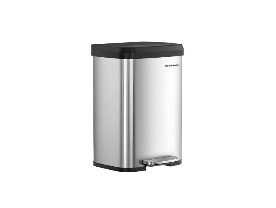 SONGMICS 50 Litre Waste Metal Pedal Bin with Lid Tall Narrow Spacious Silver Black LTB530E50