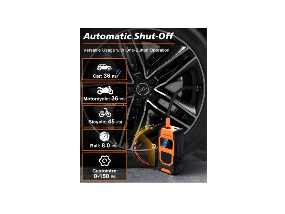 PINREK QB01 Cordless Tyre Inflator Portable Air Compressor, 7800mAh Auto Shut-Off, 150 PSI Digital Gauge, 22L/Min Airflow