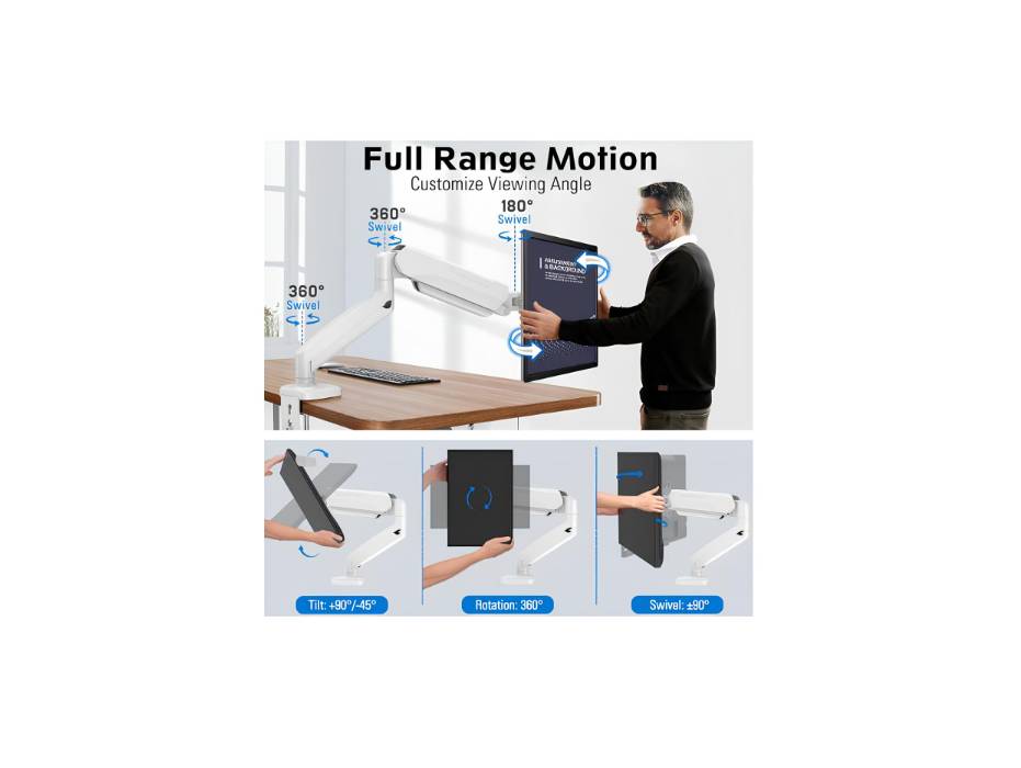 MOUNTUP Single Monitor Desk Mount, Adjustable Gas Spring Monitor Arm, Support Max 32 Inch, 4.4-17.6lbs Screen, Computer Monitors Stand Holder, White
