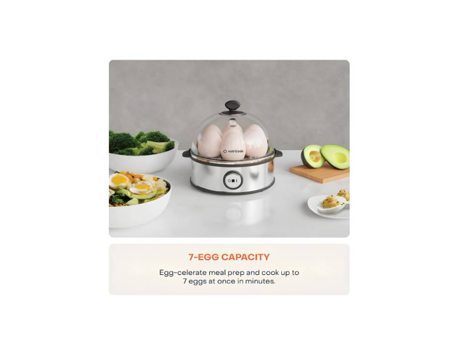 NutriCook Rapid Egg Cooker: 7 Egg Capacity Electric Egg Cooker for Boiled Eggs, Poached Eggs, Scrambled Eggs, or Omelets with Auto Shut Off Feature