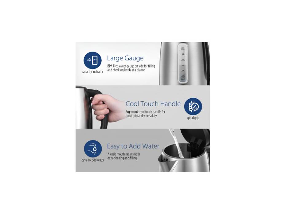 COMFEE' Stainless Steel Electric Kettle, Hot Water Tea Kettle 2200W 1.7L Capacity, Fast Boil with LED Light, Auto Shut-Off and Boil-Dry Protection