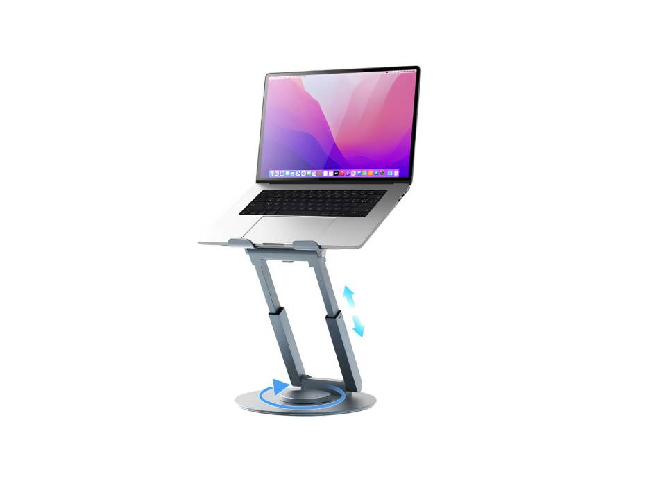 Proffisy Laptop Stand, Aluminum Ergonomic Sitting/Standing Laptop Riser with 360° Rotating Base, Foldable, Adjustable Height (Grey)