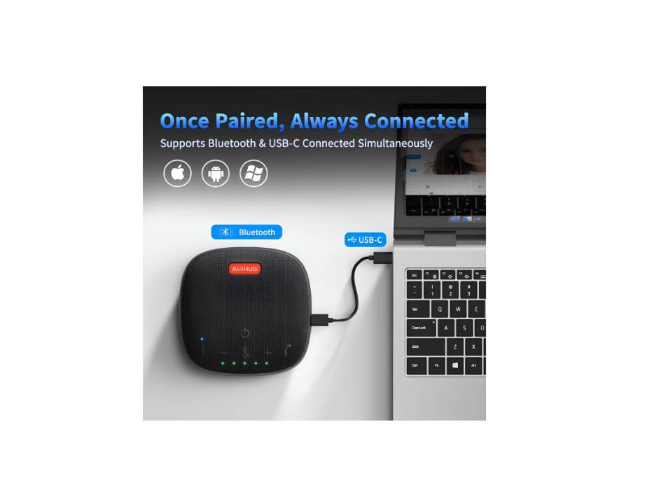 AIRHUG Bluetooth Conference Speaker with Microphone, 360°Voice Pickup, Advanced Noise Reduction, USB-C Plug & Play, Compatible with Zoom, MS Team