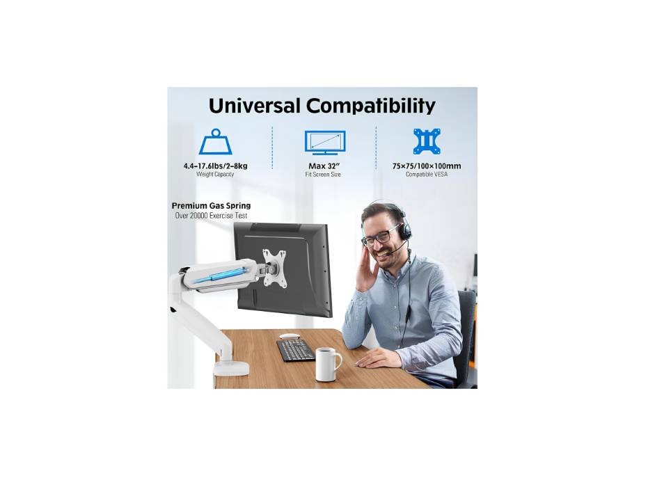 MOUNTUP Single Monitor Desk Mount, Adjustable Gas Spring Monitor Arm, Support Max 32 Inch, 4.4-17.6lbs Screen, Computer Monitors Stand Holder, White