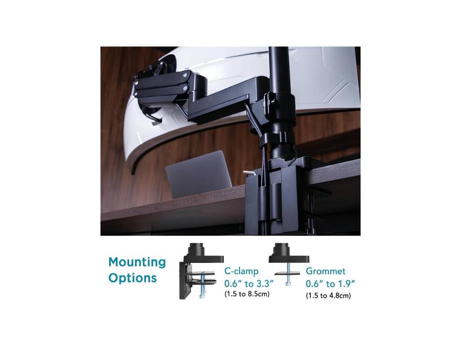Heavy Duty Monitor Arm for Ultrawide Monitors up to 57" and 20 KGS, Single Desk Stand, Pneumatic Height Adjustable, Modular Extension Arms - Max VESA 100x100, Black, MA20P-S
