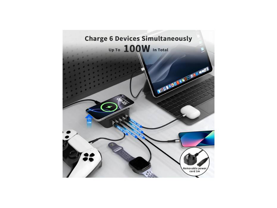 TOPREK 100W GAN Charging Station, 15W Wireless Charger Power Strip, 100W Fast Charger for USB-C×3, 60W for USB-A×2, Simultaneous Fast-charging of 6 devices, 1M Extension Lead