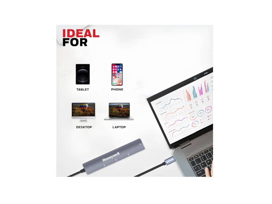 Honeywell 4in1 Ultra Slim USB Hub 1xUSB 3.0 & 3xUSB 2.0 Ports, 30cm Cable, DataTransfer Speed up to 5gbps