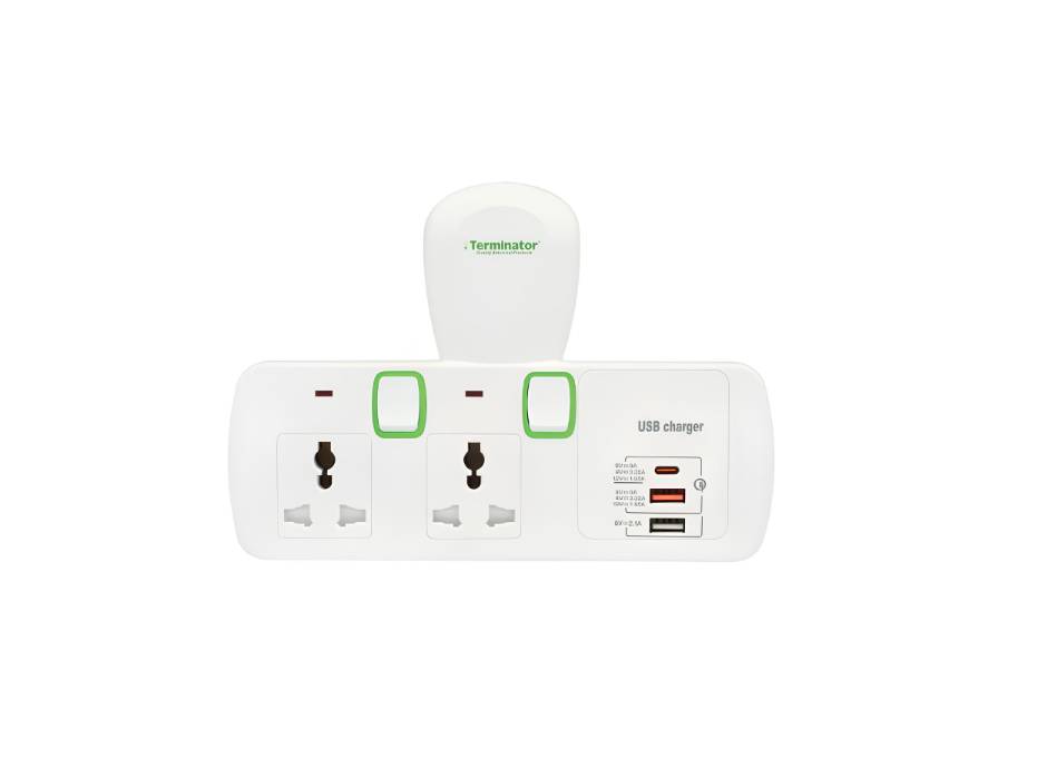 Terminator 2 Way Universal T Socket With 3USB (A & C Type), Individual Switch And Indicator TMA 2T-3UAC