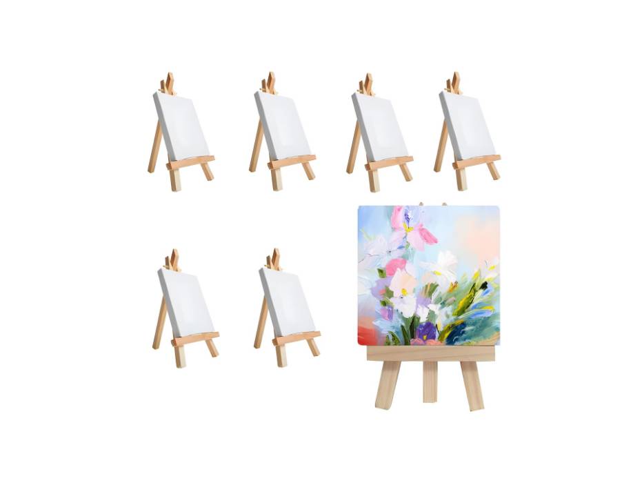 White Blank Stretched Mini Canvas with Wooden Easel - Set of 6