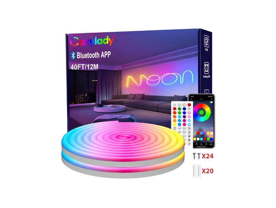 Cozylady 39.37ft Bluetooth LED Neon Rope Lights, Waterproof RGB Neon Strip Lights 12M, Music Sync, Remote/APP Control, Flexible LED Neon Lights for Bedroom Room IP67