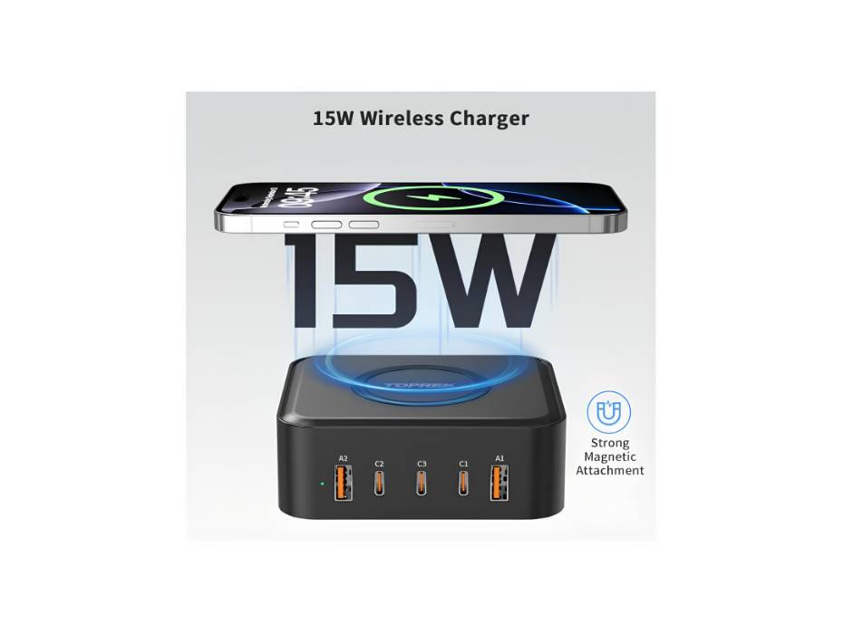 TOPREK 100W GAN Charging Station, 15W Wireless Charger Power Strip, 100W Fast Charger for USB-C×3, 60W for USB-A×2, Simultaneous Fast-charging of 6 devices, 1M Extension Lead