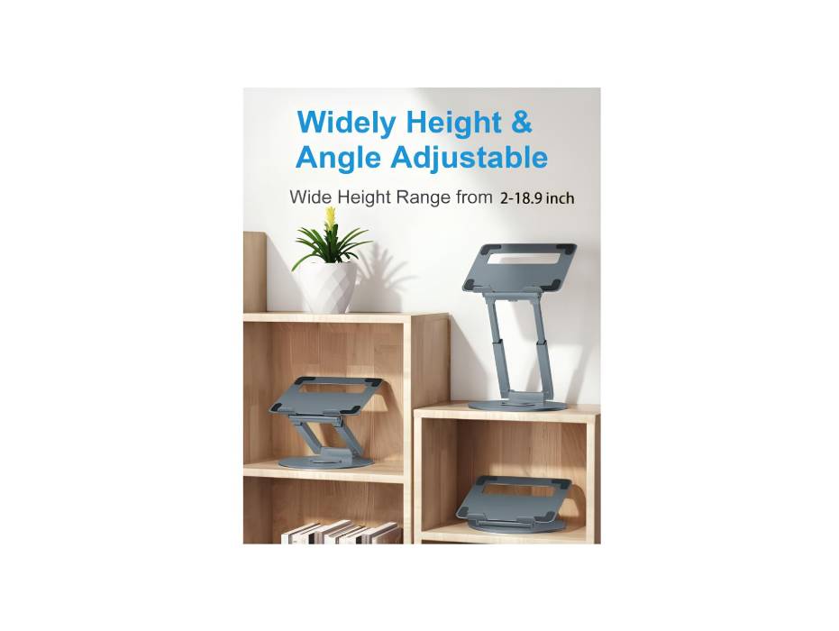 Proffisy Laptop Stand, Aluminum Ergonomic Sitting/Standing Laptop Riser with 360° Rotating Base, Foldable, Adjustable Height (Grey)