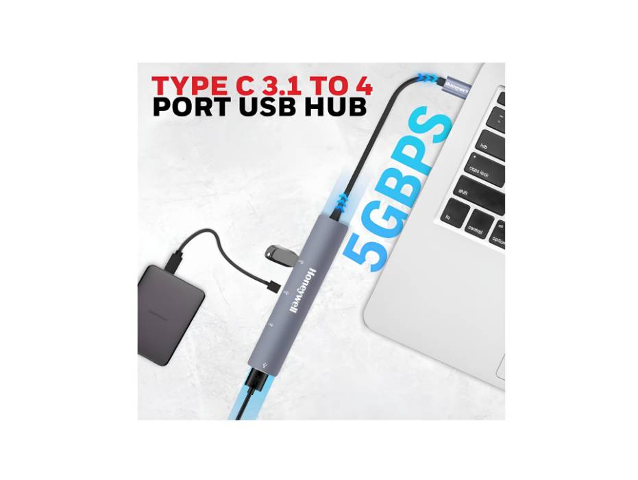 Honeywell 4in1 Ultra Slim USB Hub 1xUSB 3.0 & 3xUSB 2.0 Ports, 30cm Cable, DataTransfer Speed up to 5gbps