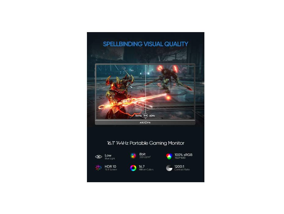 ARZOPA Portable Gaming Monitor 16.1'' 144Hz, 100% sRGB 1080P FHD Kickstand Portable Monitor