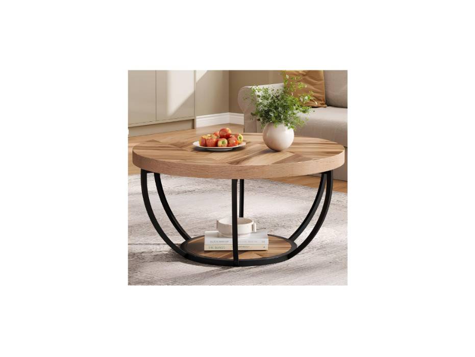 Tribesigns 80cm Round Industrial Coffee Table with 2-Tier Storage Shelves, Modern Wood & Black Metal Accent Center Table for Living Room, Home Office