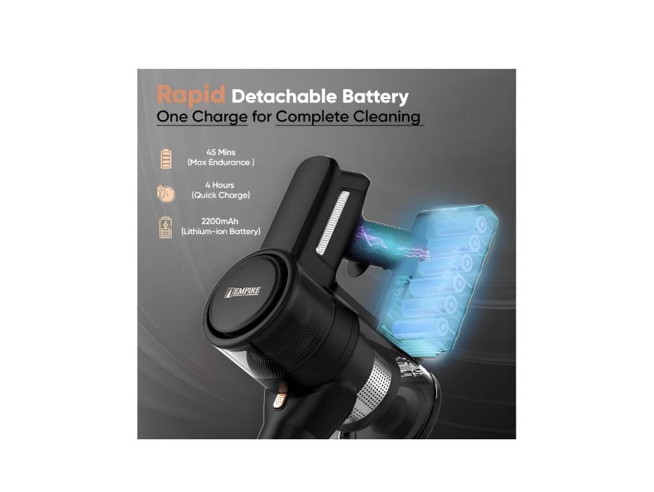 Empire Cordless Vacuum Cleaners - 6 in 1 with Powerful Suction 300W Brushless Motor, 3 Power Modes, Cordless Vacuum Up to 45min Runtime