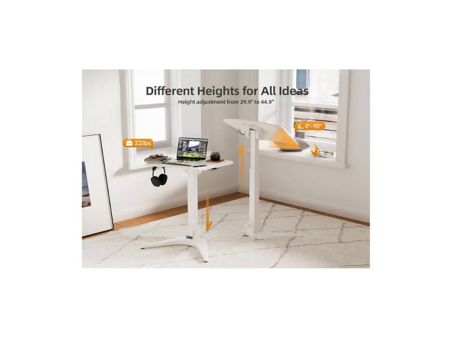Claiks Mobile Standing Desk, Portable Rolling Workstation With Wheels, Pneumatic Height Adjustable Sit-Stand With 90 Tiltable, Foldable Non-Slip Computer Stand, White