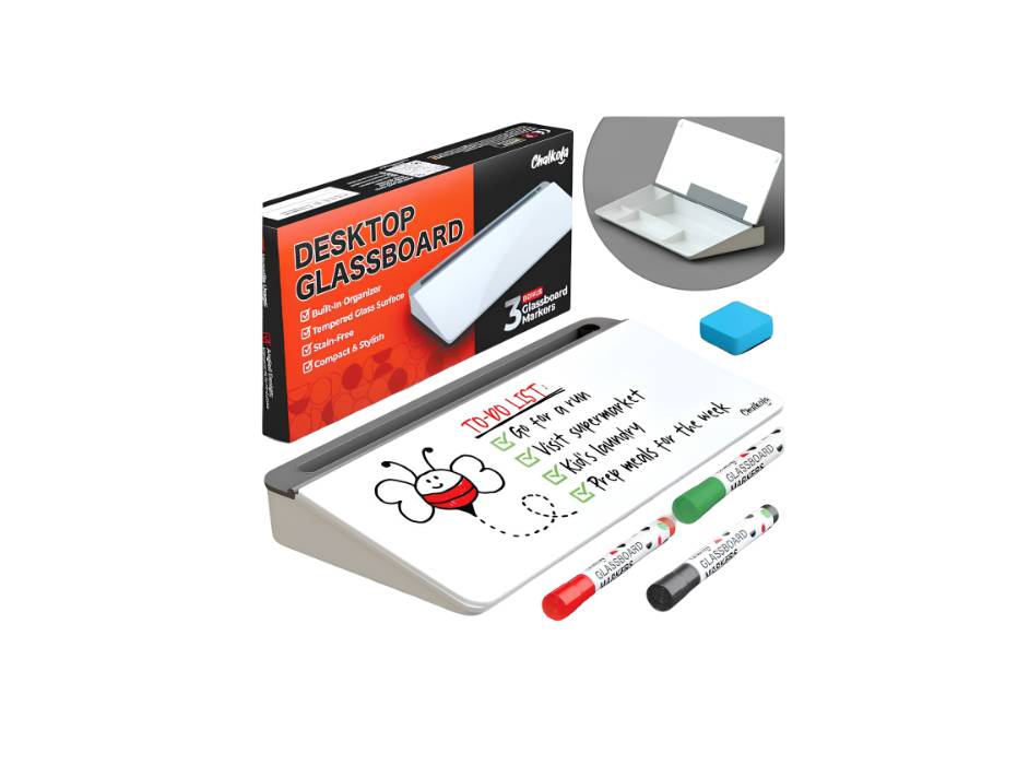 Chalkola Glass Desktop Whiteboard with Storage - Dry Erase Board, Work Desk Organizers, Computer Keyboard Stand, Home Office Desk Accessories with 3 Markers