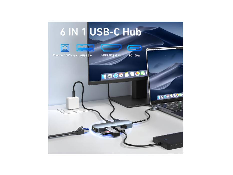BENFEI USB C HUB 6-in-1 with HDMI(4K@60Hz), Gigabit Ethernet, 100W Power Delivery, 3*USB 3.0, Silicone Cable, Aluminum Case