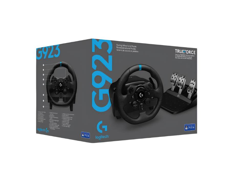 Logitech G923 Racing Wheel and Pedals, TRUEFORCE Feedback, Responsive Driving Design, Dual Clutch Launch Control for PS5 Pro, PS5, PS4, PC - Black - UAE Version