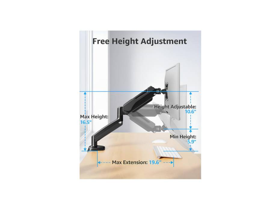 MOUNTUP Single Monitor Desk Mount, Adjustable Gas Spring Monitor Arm Support Max 32 Inch, 4.4-17.6lbs Screen, Computer Monitors Stand Holder, Black