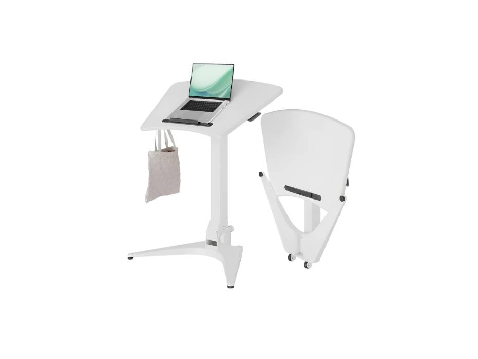 Claiks Mobile Standing Desk, Portable Rolling Workstation With Wheels, Pneumatic Height Adjustable Sit-Stand With 90 Tiltable, Foldable Non-Slip Computer Stand, White