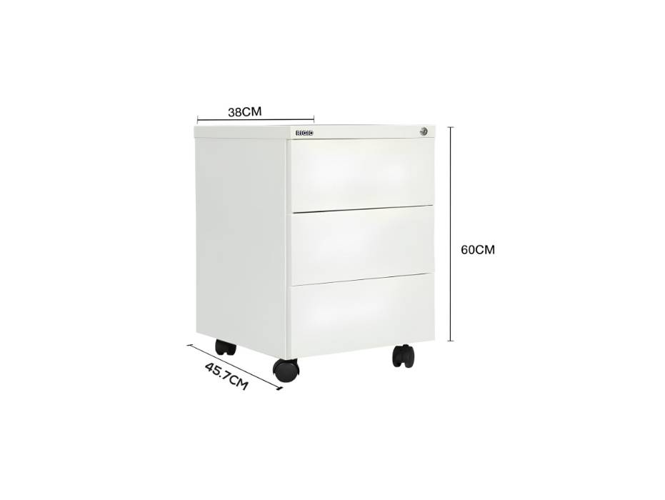 RIGID Steel Mobile Pedestal | 3 Drawer Under Desk Storage Unit with Lock | Modern Office Filing Cabinet with Wheels for Home, Office, Workstation Furniture, White