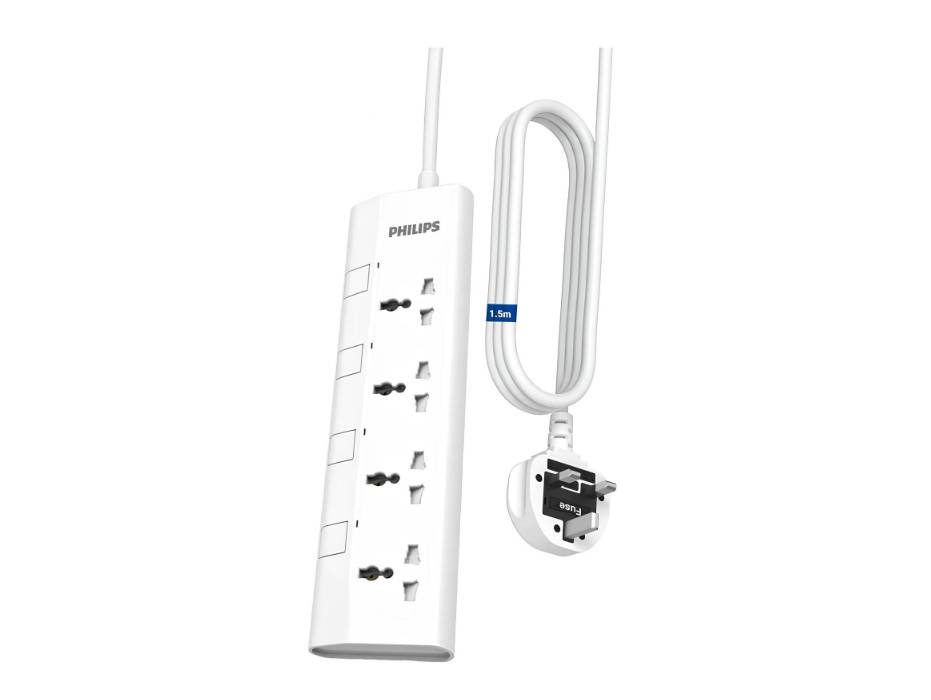 Philips 4-Way 1.5m Universal Power Extension Cord with Individual Switches, White Color