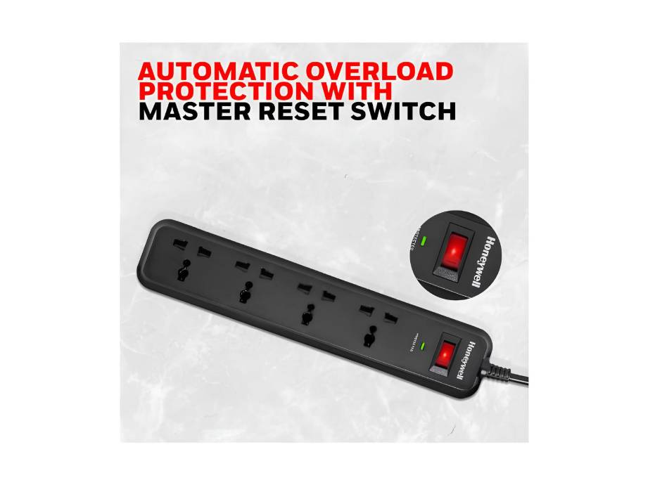 Honeywell Surge Protector, 4 Universal Sockets, 2 Meter Cord, 15000Amp, Device Secure Warranty, Automatic Overload Protection, Spike Guard/Extension Board, Master Switch