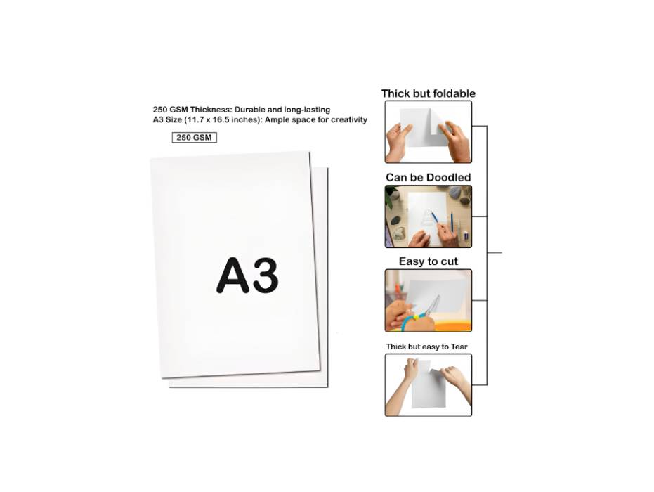 Premium Heavyweight White Cardstock Construction Paper, A3 250GSM, 50Sheets/Pack