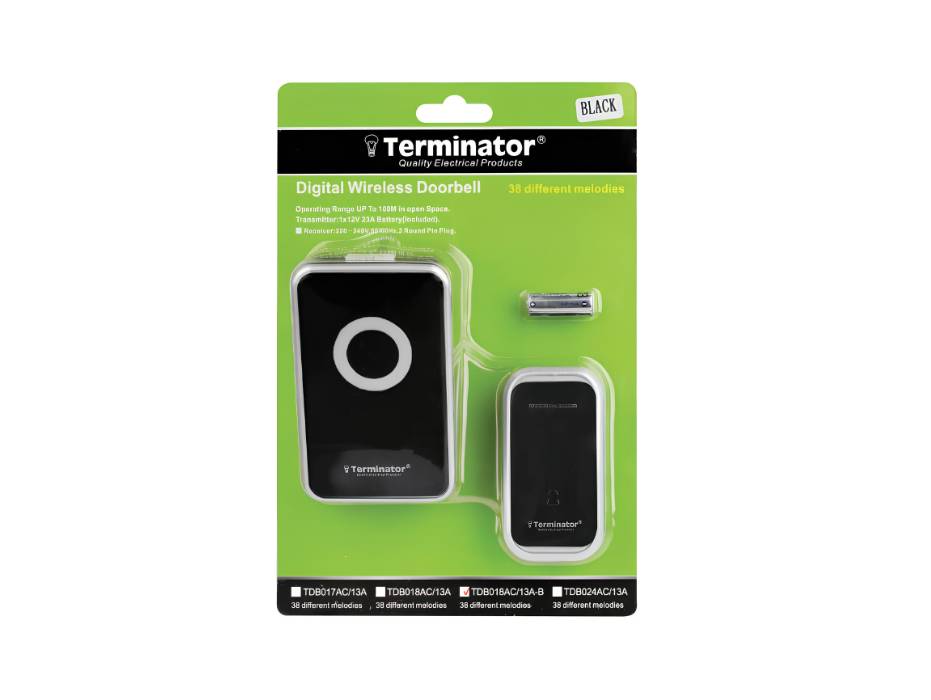Terminator Door Bell Digital Wireless With 38 Different Melodies Black 13A - TDB 018AC-13A-B