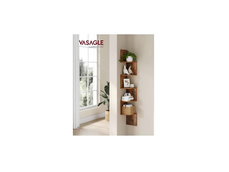 VASAGLE Corner Shelf Wall Mount, 5-Tier Floating Wall Shelf with Zigzag Design, Bookshelf, Rustic Brown